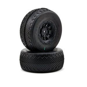 Bar Codes - green compound - pre-mount tyres on black Hazard 12mm wheels - pr (fits Associated SC10RS or SC10 4x4)